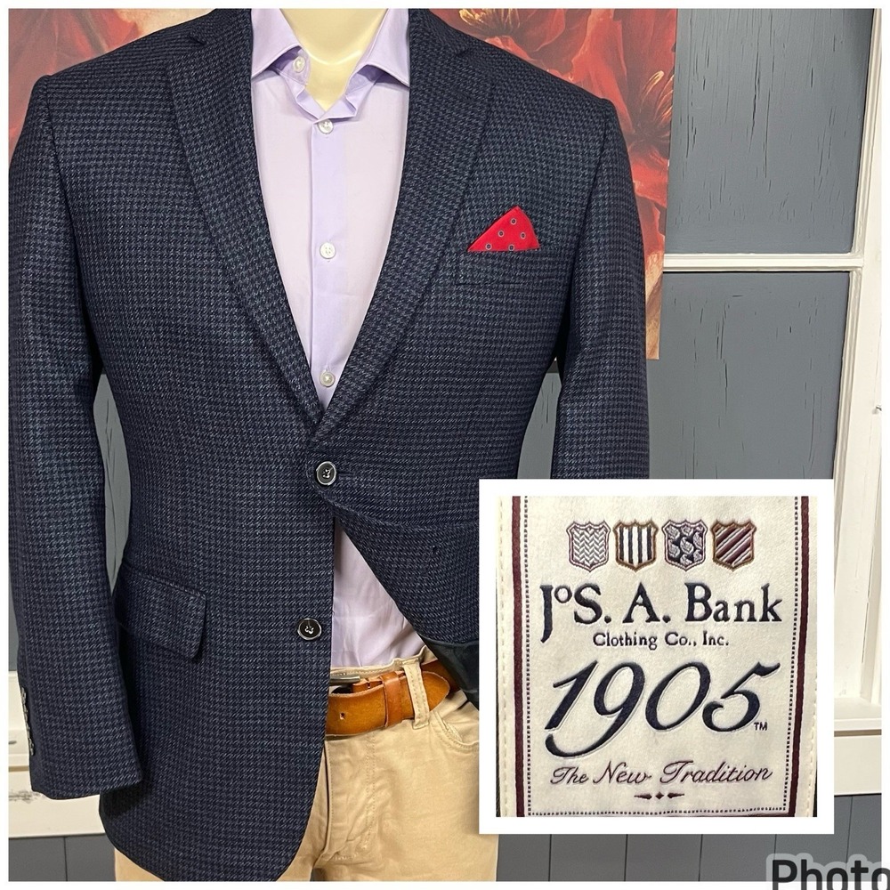 Jos A Bank Knit Blazer Jacket Sport Coat Mens 39R Tailored Fit Wool Navy
